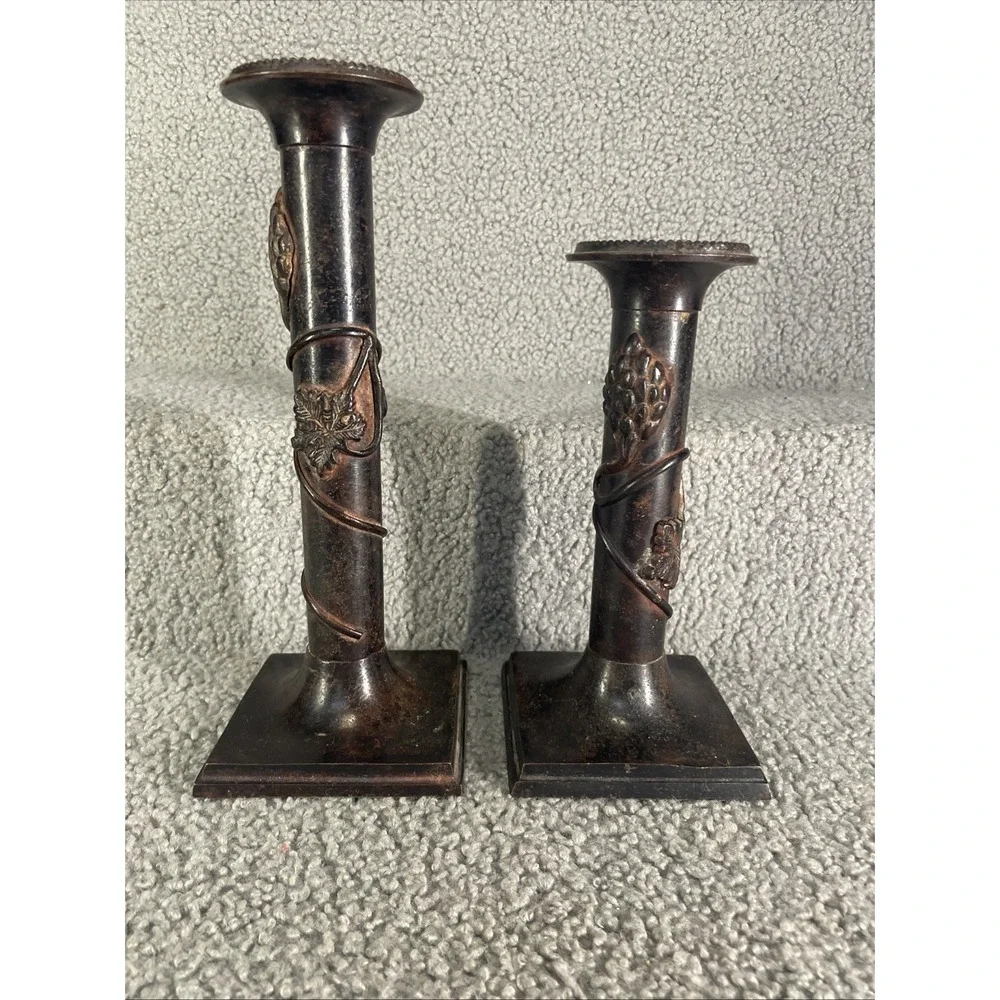 vintage Traditional Italian Bronze Grapevine Mantle Candlestick Holders - a Pair